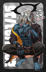  1boy absurdres black_gloves black_halo blue_horns blue_skin chest_tattoo colored_skin dark_halo faco fingerless_gloves gloves grey_hair guilty_gear guilty_gear_strive hair_between_eyes halo happy_chaos heart heart_tattoo highres horns long_sleeves looking_at_viewer male_focus orange-tinted_eyewear smile spiked_halo tattoo tinted_eyewear x-shaped_eyewear 