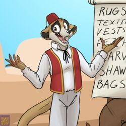  1:1 anthro black_nose brown_body brown_eyes brown_fur clothed clothing english_text fez fingerless_(marking) foxenawolf fundi fur hat headgear headwear herpestid male mammal meerkat open_mouth solo tail teeth text 