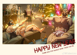  5boys ^^^ abs averting_eyes bag bara beard blush bulge calf celebration dual_wielding english_text facial_hair fallen_sanctuary_(fallenlion) falling feet female full_beard full_body happy_new_year heart heart_print highres holding holding_water_gun large_pectorals laughing male_focus male_underwear mature_male moustache multiple_boys muscular muscular_male navel nipples o2h_(oblivionh) party pectoral_cleavage pectorals perspective plastic_bag print_male_underwear second-party_source short_hair shy soles stomach tank_top thick_beard thick_eyebrows thick_mustache thick_thighs thighs topless_male underwear water_gun white_male_underwear white_tank_top 