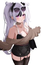  absurdres azur_lane belted_skirt black_bra black_garter_straps black_hair bow bra bra_peek bra_strap breasts brown_sweater cleavage collarbone commentary elbe_(azur_lane) elbe_(pure-hearted_bad_girl)_(azur_lane) eyewear_on_head female garter_straps hairbow highres lace-trimmed_bra lace_trim large_breasts multicolored_hair off-shoulder_sweater off_shoulder official_alternate_costume pencil_skirt simple_background skirt streaked_hair sunglasses sweater sweater_tucked_in twintails underwear white_background white_hair yami_(darknight449) 