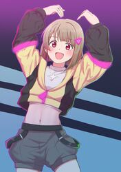  brown_hair crop_top cropped_jacket female grey_shorts hair_ornament highres long_sleeves looking_at_viewer love_live! love_live!_nijigasaki_high_school_idol_club midriff nakasu_kasumi navel open_mouth red_eyes short_hair short_shorts shorts smile solo taiyakippassion 