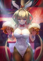  animal_ears baozi black_pantyhose blonde_hair blue_eyes bow bowtie breasts cleavage detached_collar female fishnet_pantyhose fishnets food highres holding large_breasts leotard low_twintails masamune_(monster_strike) monster_strike pantyhose playboy_bunny rabbit_ears rabbit_tail red_bow red_bowtie setomi_sora solo tail twintails white_leotard wrist_cuffs 