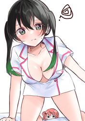  2girls breasts cleavage closed_mouth collarbone dilated_pupils green_eyes green_hair hair_between_eyes highres looking_at_viewer love_live! love_live!_nijigasaki_high_school_idol_club medium_breasts multiple_girls nurse peeping ririn_(ririn_501) shirt sidelocks solo_focus squiggle sweat takasaki_yu twintails twitter_username uehara_ayumu upper_body white_background white_shirt 