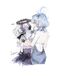  2girls ako_(blue_archive) ako_(dress)_(blue_archive) artist_name back back_bow backless_dress backless_outfit black_horns blue_archive blue_dress blue_hair blush bow closed_eyes commentary dress earrings from_behind hair_ribbon halo hashtag-only_commentary highres hina_(blue_archive) hina_(dress)_(blue_archive) horns jewelry medium_hair multiple_girls multiple_horns off-shoulder_dress off_shoulder official_alternate_costume olopheris one_side_up purple_bow purple_dress ribbon scrunchie simple_background smile upper_body white_background white_hair wrist_scrunchie 