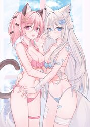  2girls :d absurdres animal_ear_fluff animal_ears aqua_eyes asymmetrical_docking bandage_on_face bandaged_arm bandaged_leg bandages bandaid bandaid_on_arm bandaid_on_face bandaid_on_hand bandaid_on_leg bare_shoulders bikini bikini_pull black_bow blue_bow blue_eyes blue_hair blush bow bow_bikini breast_press breasts cat_ears cat_girl cat_tail cleavage clothes_pull collarbone commentary cowboy_shot curtains day ear_piercing front-tie_bikini_top front-tie_top grey_hair groin hair_between_eyes hair_intakes hair_ornament hairbow hairclip halterneck hand_up heart heart_hair_ornament highres indoors large_breasts long_hair looking_at_viewer medium_breasts micro_bikini multiple_girls navel oerba_yun_fang open_mouth original piercing pink_bow pink_hair pulling_another&#039;s_clothes side-tie_bikini_bottom skin_fang smile standing stomach string_bikini string_pull striped_bikini striped_clothes swimsuit symbol-only_commentary tail thighs twintails very_long_hair waving window wolf_ears wolf_girl wolf_tail yagen_(user_mxur3238) 