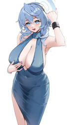  ako_(blue_archive) ako_(dress)_(blue_archive) armpits bare_arms bare_shoulders blue_archive blue_dress blue_eyes blue_hair blue_halo blush bracelet breast_press breasts cleavage cleavage_cutout clothing_cutout cuffs dress earrings female halo hands_on_own_breasts highres jewelry large_breasts long_hair looking_at_viewer official_alternate_costume plunging_neckline shackles sideless_dress simple_background single_handcuff sleeveless sleeveless_dress smile solo standing white_background zhudouzi 