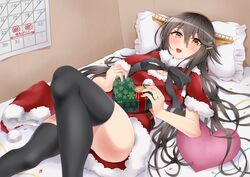  bed black_hair black_ribbon black_thighhighs blush box breasts calendar_(object) capelet christmas cleavage commentary_request confetti crop_top english_text female fur-trimmed_capelet fur-trimmed_skirt fur_trim gift gift_box hair_between_eyes hair_ornament haruna_(kancolle) hat heart heart-shaped_box heart-shaped_pillow highres holding holding_gift jewelry kantai_collection long_hair looking_at_viewer lying on_back open_mouth otobi pillow pink_nails ribbon ring santa_costume santa_hat skirt small_breasts smile solo thighhighs thighs translation_request yellow_eyes 