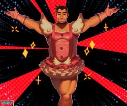  1boy absurdres bandaid bandaid_on_face bara belly black_hair cosplay dick_gumshoe dress facial_hair feet_out_of_frame geiru_toneido geiru_toneido_(cosplay) goatee_stubble grin gyakuten_saiban hairy highres kukustar_(kukuu) large_pectorals lgbt_pride magical_boy male_focus mature_male medium_sideburns muscular muscular_male open_hands outstretched_arms pectoral_cleavage pectorals phoenix_wright:_ace_attorney_-_spirit_of_justice pink_dress plump rainbow_gradient sanpaku short_hair sideburns_stubble smile sparkle_background sparse_arm_hair spread_arms stomach stubble thick_chest_hair thick_leg_hair topless_male transformation 