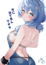  absurdres ako_(blue_archive) ako_(dress)_(blue_archive) anger_vein artist_logo ass backless_dress backless_outfit black_hairband blue_archive blue_dress blue_eyes blue_hair blue_halo blush breasts closed_mouth commentary cuffs dress earrings female hair_between_eyes hairband halo highres jewelry large_breasts long_hair looking_at_viewer looking_back official_alternate_costume shackles sideboob simple_background snow-yuuki solo translated white_background 