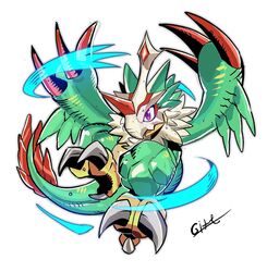  anthro bandai_namco beak claws digimon digimon_(species) digimon_liberator feathers feet gift4437 green_body green_feathers hi_res horn male mask pteromon purple_eyes solo talons toes wings 