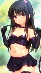  :o adachi_tenka bare_shoulders black_gloves black_hair black_skirt black_thighhighs blurry blurry_background blush bondage breasts brown_eyes bustier commentary_request cowboy_shot crop_top cube_hair_ornament dominatrix elbow_gloves female gloves hair_ornament hands_up highres holding holding_whip irori_(irorixc) long_hair looking_at_viewer midriff miniskirt navel one_side_up open_mouth outdoors pleated_skirt shoujo_ramune sidelocks skindentation skirt small_breasts solo spaghetti_strap stomach straight_hair swept_bangs thighhighs twitter_username v-shaped_eyebrows whip 