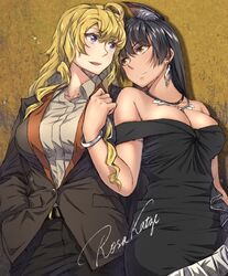  2girls :d ahoge alternate_costume animal_ear_fluff animal_ears arm_at_side artist_name bangle bangs bare_arms bare_shoulders belt black_belt black_dress black_hair black_jacket black_pants blake_belladonna blonde_hair blush bracelet breasts brown_eyes canon_couple cat_ears cleavage clenched_hand closed_mouth collared_shirt commentary couple cowboy_shot dress duo earrings eye_contact eyebrows_visible_through_hair eyeshadow female female_only formal gradient gradient_background grey_jacket hair_between_eyes hand_in_pocket hand_up happy head_tilt highres interspecies jacket jewelry large_breasts long_hair looking_at_another makeup multiple_females multiple_girls mutual_yuri neck necklace off-shoulder_dress off_shoulder open_clothes open_jacket open_mouth pants purple_eyes romantic rosa_katze rwby shirt side-by-side signature slit_pupils smile suit white_shirt wing_collar yang_xiao_long yuri 