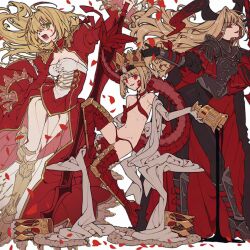  3girls absurdres armor black_cloak black_pants blonde_hair blood blood_on_face bow braid breasts chalice character_request cleavage cloak commentary_request copyright_request crown cup dragon_horns dragon_tail dress elbow_gloves facial_mark fate_(series) flat_chest gem gloves glowing glowing_eyes gold_crown greaves green_eyes hairbow high_heels highres holy_grail_(fate) horns long_hair long_sleeves looking_at_viewer lower_teeth_only m_12170 medium_breasts medium_hair multiple_girls nero_claudius_(fate) open_mouth pants petals queen_draco_(fate) red_bow red_dress red_eyes rose_petals scales see-through_clothes sitting smile tail teeth very_long_hair white_gemstone white_gloves 