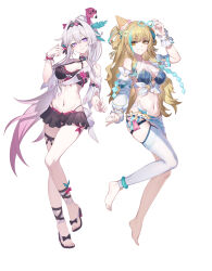  2girls absurdres asymmetrical_sleeves bare_shoulders barefoot bikini bikini_skirt black_bikini black_hairband black_skirt blonde_hair breasts bright_pupils closed_mouth detached_sleeves full_body gradient_hair hair_between_eyes hair_ornament hairband hand_up highres honkai_(series) honkai_impact_3rd kather large_breasts long_hair long_sleeves looking_at_viewer medium_breasts multicolored_hair multiple_girls navel official_alternate_costume pink_hair ponytail purple_eyes red_pupils sandals sarong short_sleeves simple_background single_bare_leg single_thighhigh skirt smile songque songque_(jovial_deception:_shadowdimmer) songque_(whitewave_topper) standing stomach streaked_hair swimsuit thelema_nutriscu thelema_nutriscu_(roseate_summer) thigh_strap thighhighs thighs uneven_sleeves very_long_hair white_background white_hair white_pupils white_thighhighs yellow_eyes 