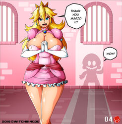  1boy 1girls bare_legs blonde_hair blue_eyes breasts cleavage crown dialogue dress earrings elbow_gloves english_text female female_focus gloves indoors large_breasts long_hair male mario mario_(series) nintendo offscreen_character open_mouth page_4 princess_peach silhouette solo_focus speech_bubble standing super_mario_bros. text witchking00 