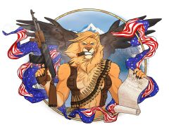  2024 5_fingers ak-47 ak_platform alternate_species american_flag ammo_belt anthro assault_rifle black_lips blue_eyes breasts brown_clothing brown_jacket brown_nose brown_pawpads brown_topwear cel_shading chest_tuft cigar cigar_in_mouth clenched_teeth clothed clothing digital_media_(artwork) donald_trump english_text eyebrows felid female fingers freckled_face freckles front_view fur furrification grin gun half-length_portrait herm_(lore) hi_res holding_gun holding_object holding_paper holding_ranged_weapon holding_rifle holding_weapon inner_boob jacket krampusmadart lion lips mammal mane medium_breasts mismatched_sexual_dimorphism mixed_media mountain mtf_crossgender multicolored_body multicolored_fur muscular muscular_anthro muscular_female navel object_in_mouth open_clothing open_jacket open_mouth open_smile open_topwear orange_body orange_fur pantherine paper pawpads photo_background photography_(artwork) portrait pupils ranged_weapon rifle rule_63 shaded shirtless simple_background smile smoke snout solo tan_body tan_fur teeth text topwear tuft united_states_of_america weapon white_background 