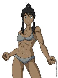  1girls avatar_the_last_airbender blue_bra blue_panties bra cartoongirls dark-skinned_female dark_skin female female_only human korra medium_breasts muscular muscular_female panties solo straight_hair the_legend_of_korra underwear 