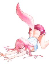  absurdres animal_ears back blush breasts closed_mouth commentary dolphin_shorts english_commentary female fingernails floppy_ears fox_ears fox_girl fox_tail genshin_impact hair_between_eyes highres hyujjo large_breasts long_hair median_furrow nail_polish pink_hair pink_nails pink_shorts pink_tail purple_eyes shirt shorts simple_background smile solo stretching tail thighs top-down_bottom-up white_background white_shirt yae_miko 