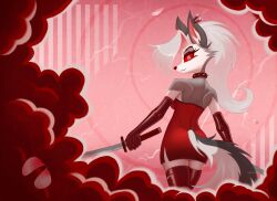  action_pose anthro armwear ass breasts canid canid_demon canine canis cherry_blossom cleavage clothed clothing collar demon drawx dress elbow_gloves evening_gloves female flower gloves handwear hellaverse hellhound helluva_boss hi_res katana legwear looking_back loona_(helluva_boss) mammal melee_weapon mythological_canine mythological_creature mythology plant pose prunus_(flower) red_clothing red_dress smile solo spiked_collar spikes sword thigh_highs weapon wolf 