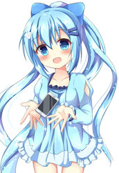  :d bad_id bad_pixiv_id blue_bow blue_dress blue_eyes blue_hair blush bow cellphone collarbone commentary_request cowboy_shot dress female flower_knight_girl hair_between_eyes hair_ornament hairbow hairclip head_tilt high_ponytail juliet_sleeves kedama_(kedama_akaza) long_hair long_sleeves nerine_(flower_knight_girl) open_mouth phone ponytail puffy_sleeves shell_hair_ornament simple_background smile solo very_long_hair white_background 