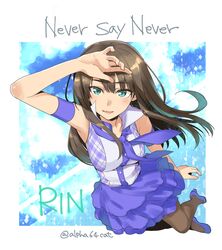  absurdres alpha_(yukai_na_nakamatachi) armband brown_hair character_name commentary_request ear_piercing female green_eyes highres idolmaster idolmaster_cinderella_girls jpeg_artifacts long_hair never_say_never_(idolmaster) pantyhose piercing plaid shibuya_rin shoes signature solo song_name twitter_username 