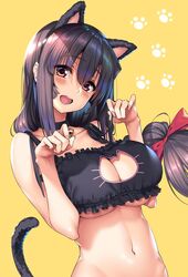  amakano animal_ears bell black_hair blush braid breasts brown_eyes brown_hair cat_cutout cat_ears cat_lingerie cat_tail choker cleavage cleavage_cutout clothing_cutout collarbone commentary_request fake_animal_ears fake_tail female groin hair_over_shoulder hair_ribbon head_tilt large_breasts long_hair meme_attire navel neck_bell open_mouth paw_pose paw_print piromizu red_ribbon ribbon sidelocks smile solo stomach tail takayashiro_yuzuka upper_body yellow_background 