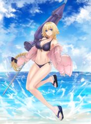  artist_name beach bikini black_bow blonde_hair blue_bikini blue_eyes blue_sky blush bow braid breasts cleavage closed_mouth cloud cloudy_sky collarbone commentary_request day fate/apocrypha fate/grand_order fate_(series) female flip-flops front-tie_bikini_top front-tie_top full_body hairbow highres hood hoodie jeanne_d&#039;arc_(fate) jeanne_d&#039;arc_(white_cruising)_(fate) korean_commentary large_breasts long_hair looking_at_viewer mhg_(hellma) navel ocean open_clothes open_hoodie outdoors revision sandals side-tie_bikini_bottom sidelocks signature single_braid sky smile solo swimsuit tareme thighs very_long_hair 