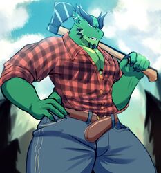  absurd_res anthro axe azu_cacti belt clothed clothing dragon felling_axe hi_res horn looking_at_viewer lumberjack male melee_weapon muscular muscular_anthro muscular_male mythological_creature mythological_scalie mythology outside scalie solo sora_png standing weapon 