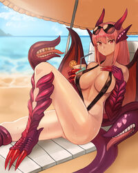  absurdres animal_ears animal_hands ass beach beach_chair black_slingshot_swimsuit blue_sky blush breasts claws closed_mouth cloud commentary commission cup day dragon_girl dragon_horns dragon_tail dragon_wings drink drinking_glass drinking_straw english_commentary eyewear_on_head female fingernails fins food from_side fruit gold_teeth hair_between_eyes hand_on_own_chest head_fins heart highres holding holding_cup horizon horns jabberwock_(monster_girl_encyclopedia) knee_up large_breasts long_fingernails long_hair looking_at_viewer monster_girl monster_girl_encyclopedia ocean orange_(fruit) orange_slice outdoors pink_hair red_eyes sitting sky slingshot_swimsuit slit_pupils solo sookmo sunglasses sweat swimsuit tail tentacle wings 