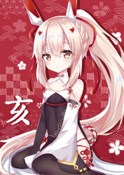  ayanami_(azur_lane) ayanami_(lunar_demon)_(azur_lane) azur_lane black_dress black_gloves black_thighhighs blush breasts brown_eyes china_dress chinese_clothes collarbone commentary_request detached_sleeves dress elbow_gloves female fingerless_gloves gloves hair_between_eyes hair_ornament hair_ribbon hairclip headgear high_ponytail light_brown_hair long_hair long_sleeves official_alternate_costume parted_lips partial_commentary ponytail red_background red_ribbon ribbon satori_(ymoy) sidelocks single_detached_sleeve single_glove sitting sleeveless sleeveless_dress sleeves_past_fingers sleeves_past_wrists small_breasts solo thighhighs very_long_hair wariza white_sleeves 