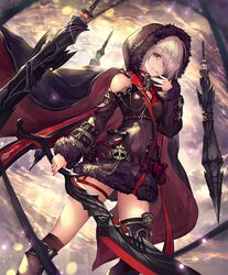  bare_shoulders boots breasts cape choker cleavage cloud cloudy_sky crystal cygames female finger_to_mouth floating floating_object fur_trim grin hair_over_one_eye hood hood_up hoodie medium_breasts official_art shadowverse shingeki_no_bahamut sky smile sword tachikawa_mushimaro thighhighs weapon white_hair wizardess_of_oz yellow_eyes 