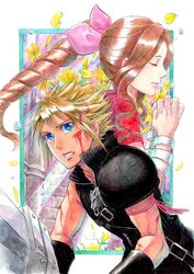  1boy aerith_gainsborough blonde_hair blue_eyes bow braid brown_hair buster_sword cloud_strife commentary_request cropped_jacket female final_fantasy final_fantasy_vii final_fantasy_vii_advent_children gloves hair_ribbon long_hair pink_bow ponytail ribbon short_hair single_braid sio2_(nisankakeiso) smile spiked_hair sword weapon 