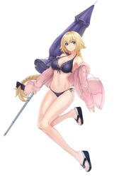  bad_id bad_pixiv_id bikini black_bow blonde_hair blue_bikini blue_eyes blush bow braid breasts cleavage closed_mouth collarbone fate/apocrypha fate/grand_order fate_(series) female flip-flops front-tie_bikini_top front-tie_top full_body hairbow highres hood hoodie jeanne_d&#039;arc_(fate) jeanne_d&#039;arc_(white_cruising)_(fate) large_breasts long_hair looking_at_viewer mhg_(hellma) navel open_clothes open_hoodie sandals side-tie_bikini_bottom sidelocks simple_background single_braid smile solo swimsuit tareme thighs transparent_background very_long_hair 