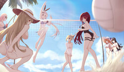  6+girls ass barefoot bikini black_hair blonde_hair blurry breasts brown_hair chinese_commentary cleavage cloud commentary_request day depth_of_field five-seven_(cruise_queen)_(girls&#039;_frontline) five-seven_(girls&#039;_frontline) girls&#039;_frontline hat highres large_breasts lens_flare long_hair m37_(girls&#039;_frontline) m37_(summer_parader)_(girls&#039;_frontline) mag_(mag42) medium_breasts midair multiple_girls ntw-20_(girls&#039;_frontline) ntw-20_(op._blazing_sun)_(girls&#039;_frontline) official_alternate_costume outdoors pink_hair ponytail purple_eyes sky springfield_(girls&#039;_frontline) springfield_(stirring_mermaid)_(girls&#039;_frontline) sun_hat suomi_(girls&#039;_frontline) suomi_(midsummer_pixie)_(girls&#039;_frontline) swimsuit type_95_(girls&#039;_frontline) type_95_(summer_cicada)_(girls&#039;_frontline) volleyball volleyball_net wa2000_(girls&#039;_frontline) wa2000_(op._manta_ray)_(girls&#039;_frontline) wardrobe_malfunction 