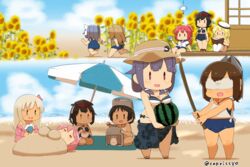  6+girls bare_arms bare_legs bare_shoulders beach beach_umbrella bikini bikini_under_clothes black_hair blindfold blonde_hair blue_hair blue_one-piece_swimsuit bokken breast_rest breasts brown_hair capriccyo chibi commentary_request covered_eyes day diving_mask diving_mask_on_head flower food fruit goggles goggles_on_head hat highres holding holding_food holding_fruit holding_watermelon i-13_(kancolle) i-14_(kancolle) i-168_(kancolle) i-19_(kancolle) i-26_(kancolle) i-401_(kancolle) i-58_(kancolle) i-8_(kancolle) ice_shaver kantai_collection long_hair low_twintails maru-yu_(kancolle) medium_breasts multiple_girls one-piece_swimsuit orange_sailor_collar outdoors ponytail purple_hair reading red_hair ro-500_(kancolle) running sailor_collar sand_sculpture sarong school_swimsuit shirt short_hair side-tie_shirt sitting sleeveless sleeveless_shirt split_theme standing suikawari sunflower swimsuit swimsuit_under_clothes sword taigei_(kancolle) thighhighs twintails twitter_username two_side_up umbrella watermelon weapon white_bikini white_blindfold white_hat white_shirt white_thighhighs wooden_sword 