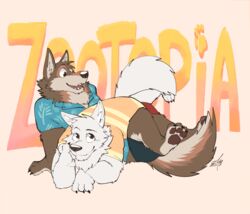  2018 anthro canid canine canis clothed clothing digital_media_(artwork) disney duo fur gary_(zootopia) ginnosuke hi_res larry_(zootopia) male mammal simple_background white_body white_fur wolf zootopia 