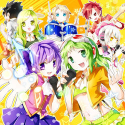  3girls 4boys aisha_landar ara_haan black_hair chung_seiker commentary_request crossover drum drumsticks elf elsword elsword_(character) eve_(elsword) facial_mark forehead_jewel goggles goggles_on_head green_eyes green_hair gumi idol instrument malmaron multiple_boys multiple_girls musical_note pointy_ears purple_eyes purple_hair raven_cronwell red_hair rena_erindel star_(symbol) vocaloid white_hair 