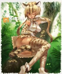  animal_ears animal_print artist_name ass bare_shoulders blonde_hair bow bow_legwear bowtie breasts brown_dress brown_gloves commentary_request dated dress elbow_gloves female forest gloves hair_between_eyes hand_up high-waist_skirt highres in_tree japari_symbol kemono_friends leaf legs_together long_hair looking_at_viewer lying medium_breasts miniskirt nature no_panties ocelot_(kemono_friends) ocelot_print on_side one_eye_closed open_mouth outdoors paw_pose plant print_thighhighs sayukino shirt shoes short_dress sitting sitting_in_tree skirt sleeveless sleeveless_shirt solo tail tail_censor thighhighs tree white_footwear white_gloves white_shirt yellow_eyes 