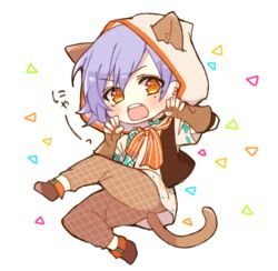  1boy a3! animal_hood bad_id bad_pixiv_id cat_hood chibi full_body hood ikaruga_misumi light_purple_hair male_focus mole mole_under_eye open_mouth orange_eyes purple_hair simple_background solo symbol-shaped_pupils triangle triangle-shaped_pupils yuita-kun 