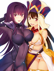  2girls :d arm_behind_head armor bad_id bad_pixiv_id bodysuit breasts brown_hair cleavage commentary_request covered_navel fate/grand_order fate_(series) hat large_breasts long_hair looking_at_viewer multiple_girls nichiru open_mouth purple_bodysuit purple_eyes purple_hair revealing_clothes scathach_(fate) shoulder_armor smile thighhighs white_legwear xuangzang_sanzang_(fate) 