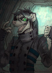  anthro clothed clothing eyewear fangs glasses grostenmeiers hair hitmore looking_at_viewer male mammal mustelid musteline open_mouth richter smile solo stoat teeth tongue traditional_media_(artwork) true_musteline weasel 