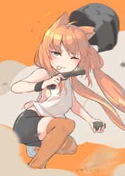  ahoge animal_ears ass asymmetrical_legwear bike_shorts black_shorts blue_eyes cat_ears commentary_request explosive female grenade gun handgun helmet highres hinata_channel holding holding_weapon long_hair low_twintails m1911 mismatched_legwear mouth_hold nekomiya_hinata one_eye_closed orange_background orange_legwear playerunknown&#039;s_battlegrounds shorts simple_background smoke solo squatting striped_clothes striped_thighhighs tank_top thighhighs tittu twintails unworn_headwear unworn_helmet virtual_youtuber weapon white_tank_top 