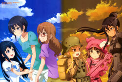  6+girls :d absurdres backpack bag black_bodysuit black_hair blonde_hair blue_shirt blue_sky blush bodysuit braid breasts brown_eyes brown_gloves brown_hair bullpup cloud collarbone dark-skinned_female dark_skin day dual_persona facial_mark floating_hair fukaziroh_(sao) glasses gloves green_pants gun hat helmet high_ponytail highres holding holding_gun holding_weapon kanzaki_elsa knife_in_hair kohiruimaki_karen llenn_(sao) long_hair looking_at_another magazine_scan medium_breasts multiple_girls nemoto_kuniaki newtype official_art ogawa_takeshi open_mouth p-chan_(p90) p90 pants pink_gloves pink_hat pink_weapon pitohui_(sao) purple_shirt rectangular_eyewear red-framed_eyewear rifle scan shinohara_miyu_(sao) shirt short_sleeves side_braid sidelocks single_braid sky smile submachine_gun sword_art_online sword_art_online_alternative:_gun_gale_online tall_female tattoo trench_knife weapon white_pants white_shirt yamazaki_tomoko yoshita_michiko 