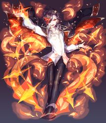  1boy :o bad_id bad_pixiv_id black_cape black_hair black_pants bracelet cape dragon_poker fire full_body hair_ornament hair_over_one_eye hairclip highres jewelry lemming_no_suana looking_at_viewer male_focus pants pocket solo standing 