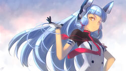  blue_hair blunt_bangs commentary_request female gloves hair_flip hair_ribbon headgear hell_machina highres kantai_collection long_hair looking_back murakumo_(kancolle) murakumo_kai_ni_(kancolle) necktie orange_eyes photoshop_(medium) ribbon smile solo tress_ribbon turtleneck upper_body 