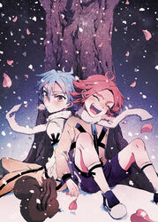  2boys blue_hair brothers cherry_blossoms closed_eyes commentary_request flipped_hair fubuki_atsuya fubuki_shirou highres inazuma_eleven_(series) inazuma_eleven_ares_no_tenbin male_focus multiple_boys orange_eyes petals pink_hair scarf shouyuuu siblings smile snow soccer_uniform sportswear squirrel twins 