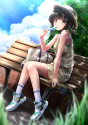  alternate_costume bag bare_shoulders bench black_hair blue_sky blurry blush bracelet brick_wall bush casual cloud commentary_request dappled_sunlight day depth_of_field dutch_angle eating female floral_print food fubuki_(kancolle) full_body glint grass green_shirt green_skirt grey_eyes grey_hat handbag hat holding holding_food jewelry kantai_collection lens_flare licking looking_at_viewer low_ponytail midoriiro_no_shinzou outdoors plant ponytail popsicle shirt shoes short_hair sitting skirt sky sneakers solo summer sunlight white_footwear white_legwear 