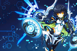  armor blue_theme code_maya commentary_request elsword energy_weapon energy_wings eve_(elsword) facial_mark female highres long_hair multicolored_hair navel open_mouth poseich solo two-tone_hair wings yellow_eyes 