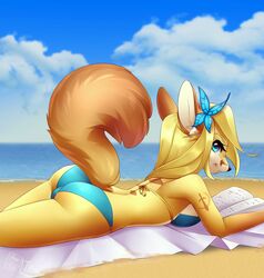  2018 accessory anthro ass beach beach_towel bikini blonde_hair blue_bikini blue_clothing blue_swimwear book breasts butterfly_clip canid canine clothing cloud dannyckoo detailed_background facial_piercing female fennec_fox fox hair hair_accessory hairclip hi_res kaiyonato lip_piercing lying mammal on_towel outside piercing reading sand sea seaside sky smile solo swimwear towel tresertf true_fox water 