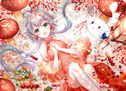  :d candy china_dress chinese_clothes chinese_new_year collarbone commentary cookie creature detached_sleeves dress dumpling female floating_hair food from_above fruit green_eyes grey_hair hair_between_eyes hair_rings highres lantern long_hair looking_at_viewer luo_tianyi lying mushroom on_back open_mouth own_hands_clasped own_hands_together paper_lantern red_dress red_theme short_hair_with_long_locks sleeveless sleeveless_dress smile tanghulu tian_dian very_long_hair vocaloid vsinger yaduo 